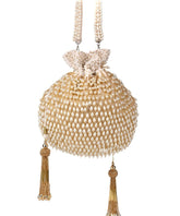 Adara Ivory Suede Potli With Pearl Gold Hanging