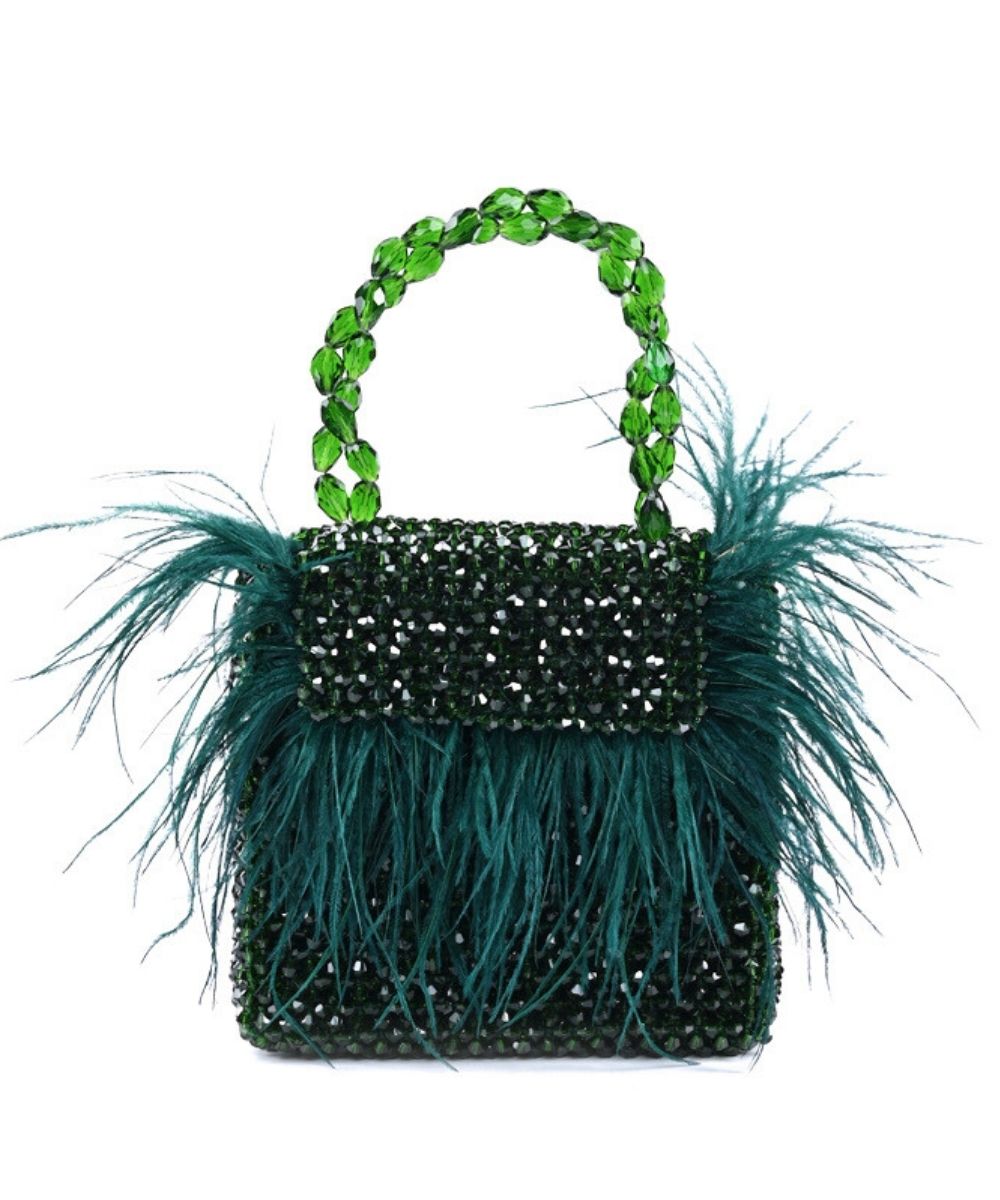 Natali Green Embellished Mini Bag With Feathers – House of Kosha