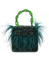 Natali Green Embellished Mini Bag With Feathers