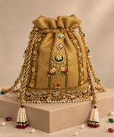 Jodha Gold Brocade Kundan Embroidered Potli