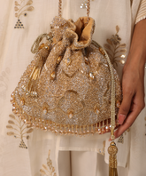 Sunheri Gold and Silver Georgette Embellished Potli- House of Kosha -1