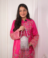 Glitz Silver Georgette Rhinestone Bucket Bag