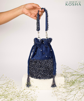 Zaria Navy Blue Suede Crystal Embellished Bucket Bag