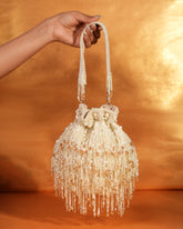 Nayera Ivory Suede Pearl Potli with Crystals