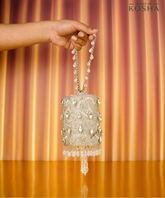 Rania Silver Georgette Embellished Cylinder Mini Bag