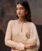 Alara Ivory Pastel Suede Embellished Hobo Bag- House of Kosha -1