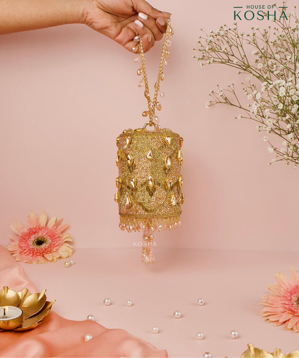 Rania Gold & Pink  Georgette Embellished Cylinder Mini Bag