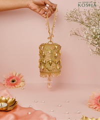 Rania Gold & Pink  Georgette Embellished Cylinder Mini Bag