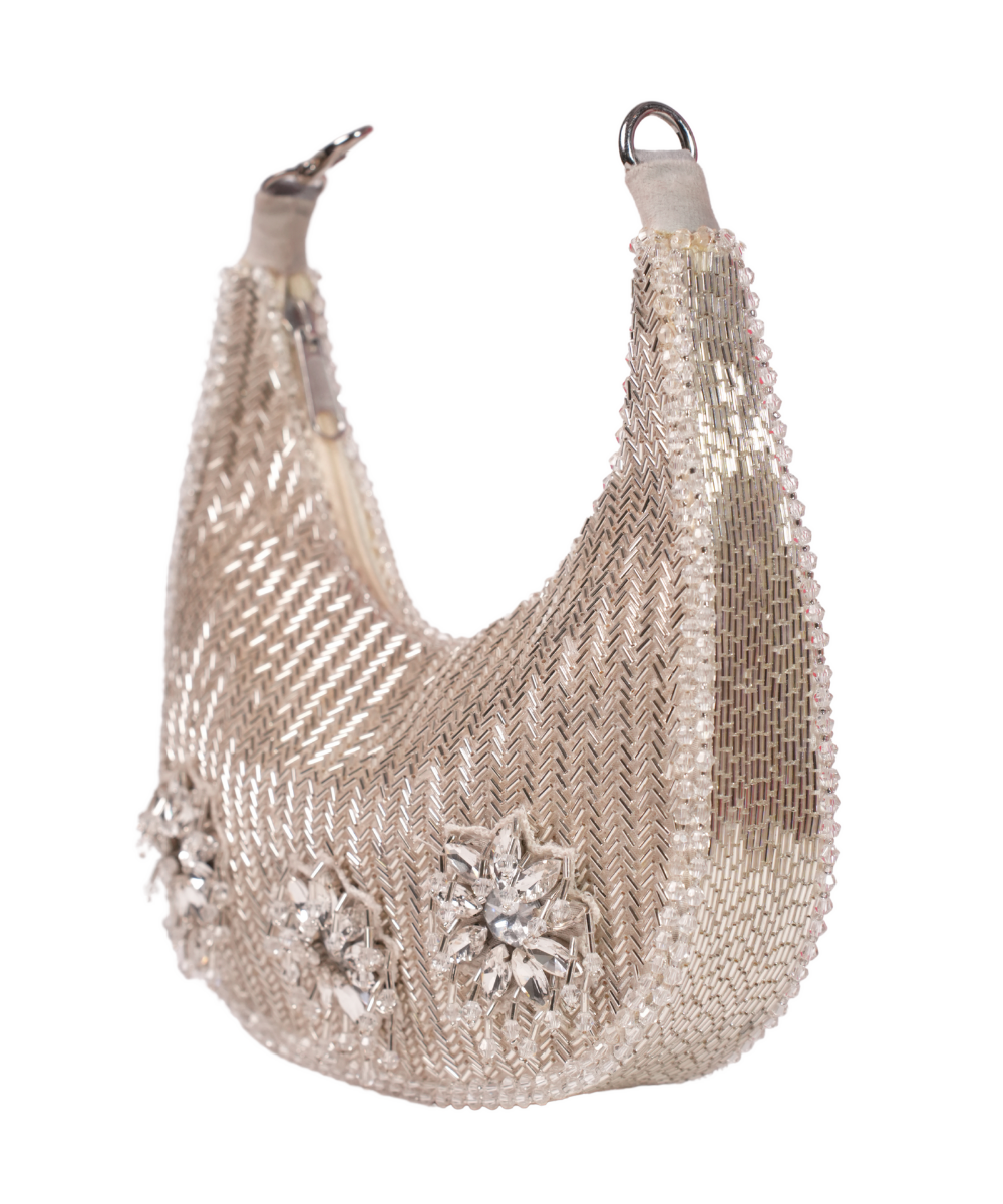 Elina Silver Suede Embellished Hobo Bag