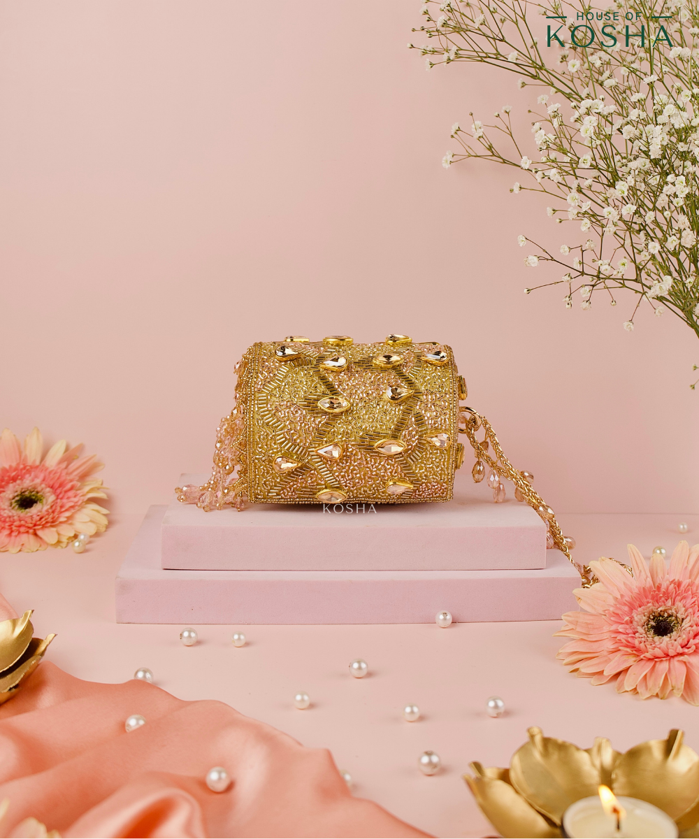 Rania Gold & Pink  Georgette Embellished Cylinder Mini Bag