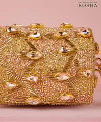 Rania Gold & Pink  Georgette Embellished Cylinder Mini Bag