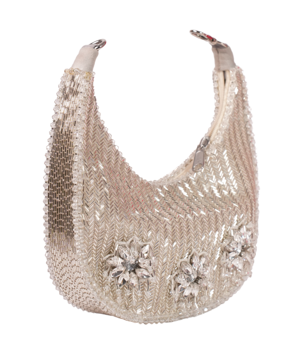 Elina Silver Suede Embellished Hobo Bag