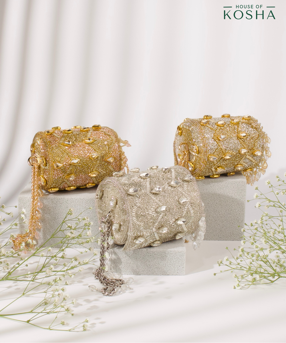 Rania Gold & Pink  Georgette Embellished Cylinder Mini Bag