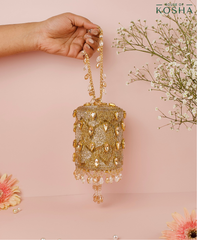 Rania Gold & Silver Georgette Embellished Cylinder Mini Bag