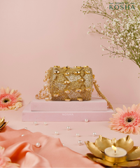 Rania Gold & Silver Georgette Embellished Cylinder Mini Bag