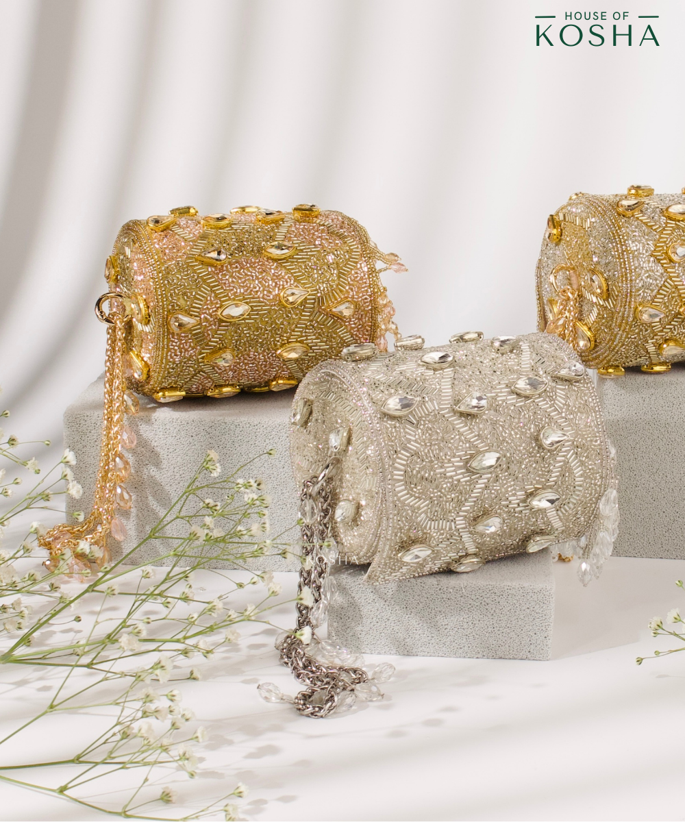 Rania Gold & Silver Georgette Embellished Cylinder Mini Bag