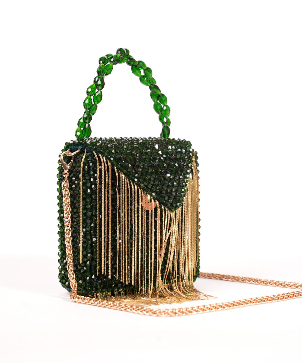 Natali Green Embellished Mini Bag With Gold Chain