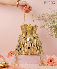Noorah Gold Georgette Mirror Handcrafted Potli