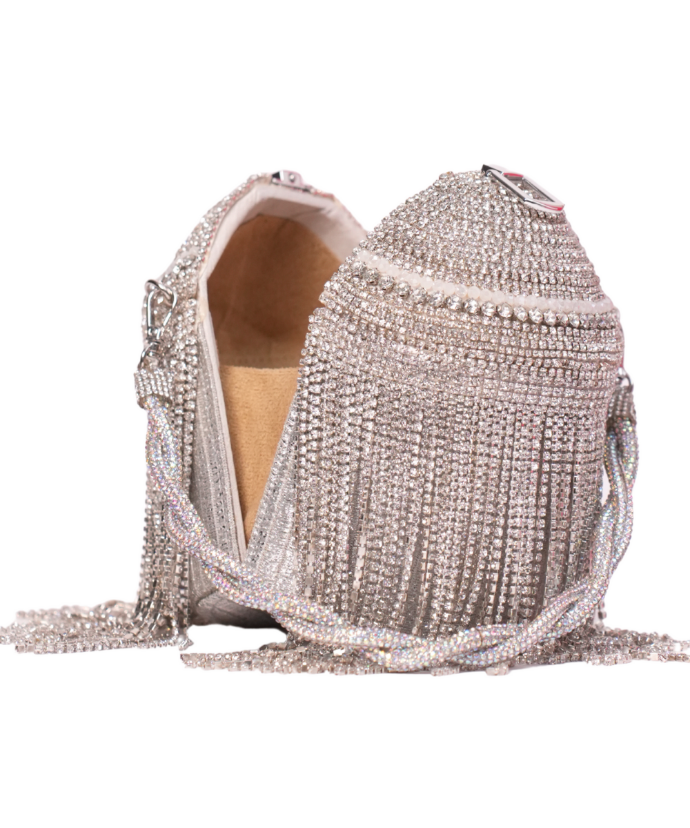 Glitz Silver Georgette Rhinestone Bucket Bag