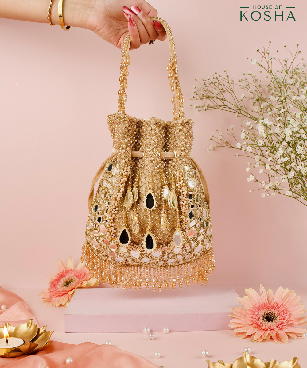 Tarah Gold Suede Mirror Embellished Potli
