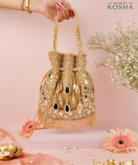 Tarah Gold Suede Mirror Embellished Potli