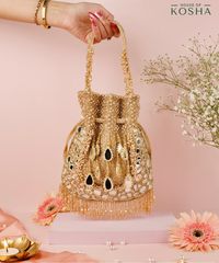 Tarah Gold Suede Mirror Embellished Potli