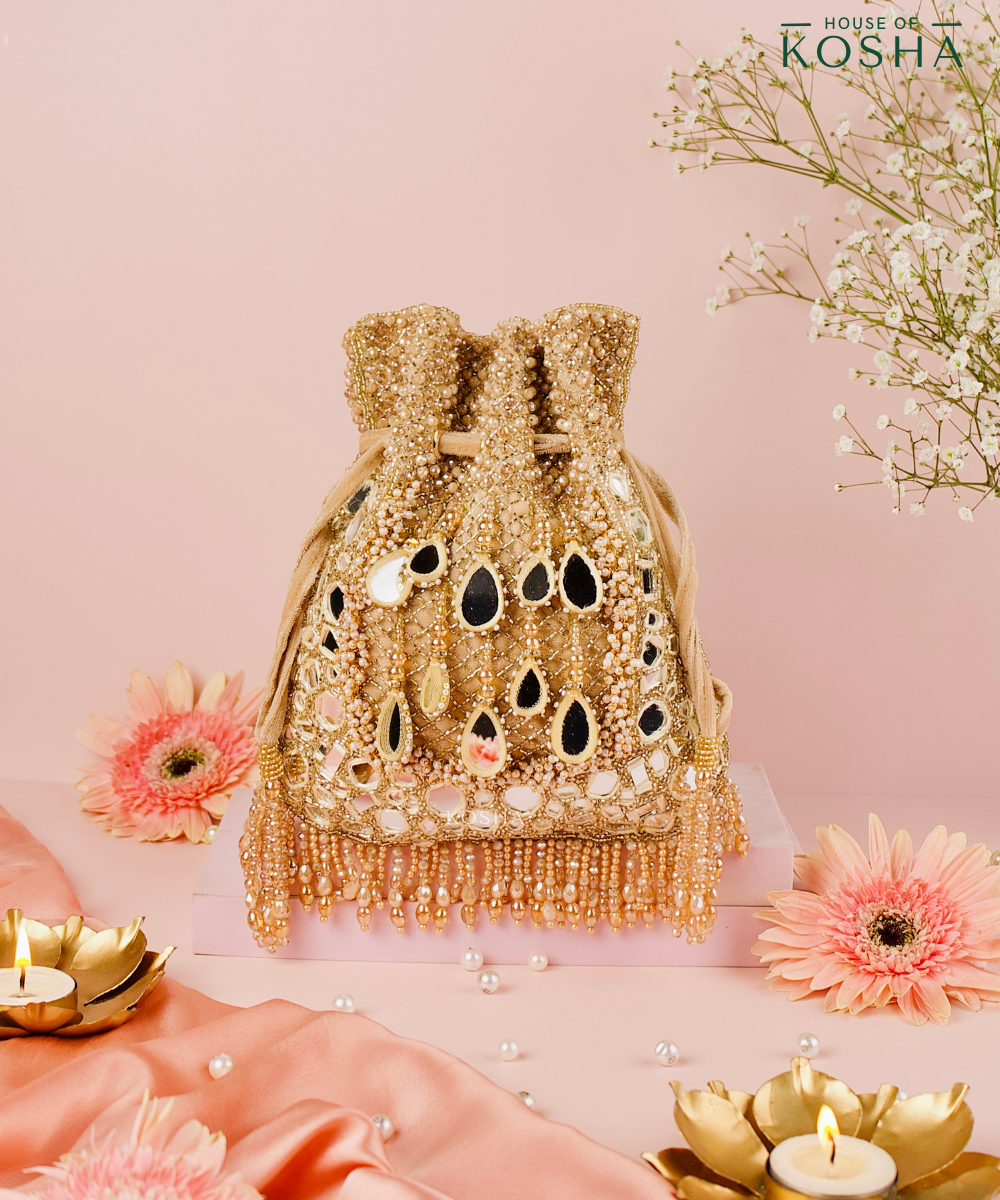 Tarah Gold Suede Mirror Embellished Potli