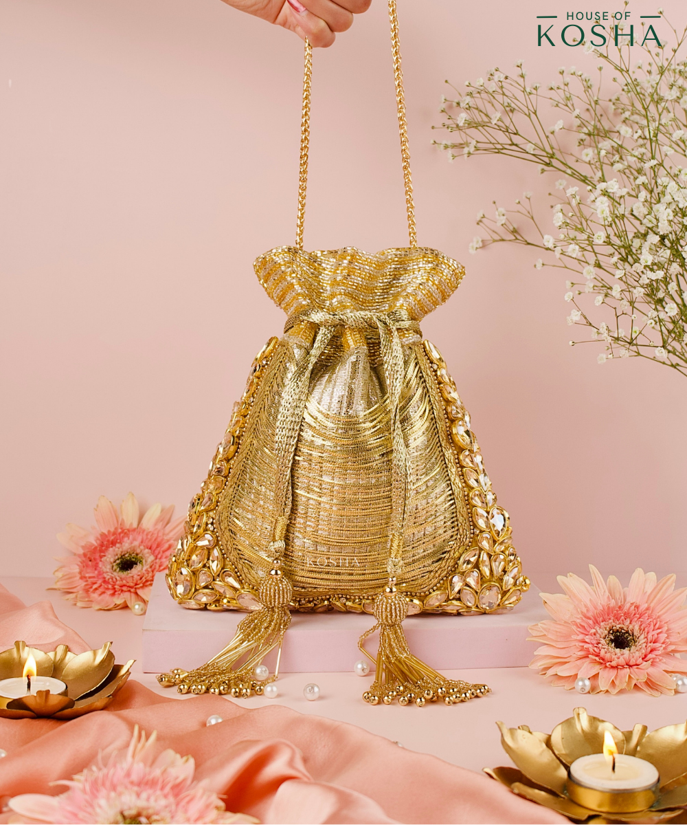 Rooh Gold Georgette Handcrafted Potli