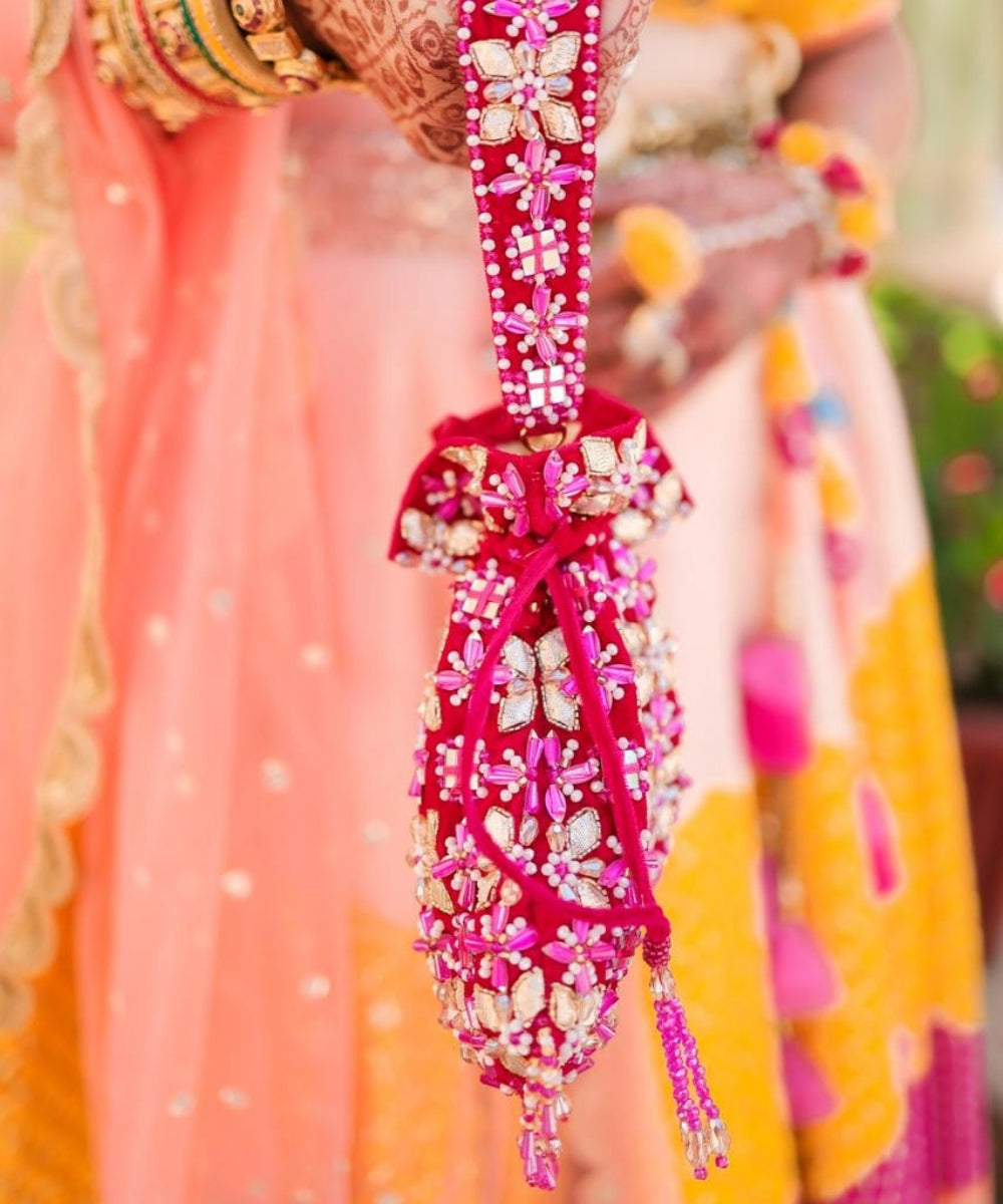 Rida Magenta Suede Gota Mirror Embellished Potli