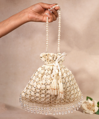 Aafreen Ivory Suede Kundan Embellished Potli