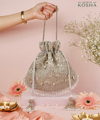 Sunheri Silver Georgette Embellished Potli