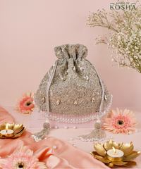 Sunheri Silver Georgette Embellished Potli