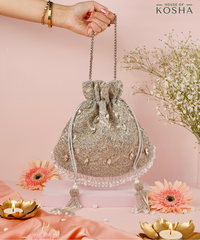 Sunheri Silver Georgette Embellished Potli
