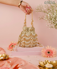 Gulzar Gold & Silver Georgette Embellished Bucket Bag