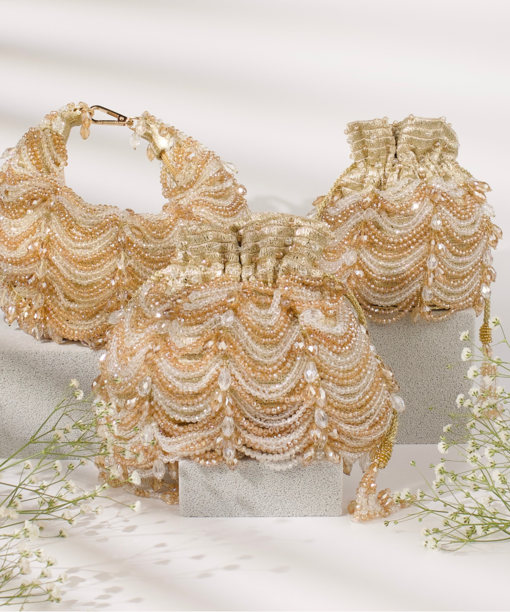 Gulzar Gold & Silver Georgette Embellished Bucket Bag