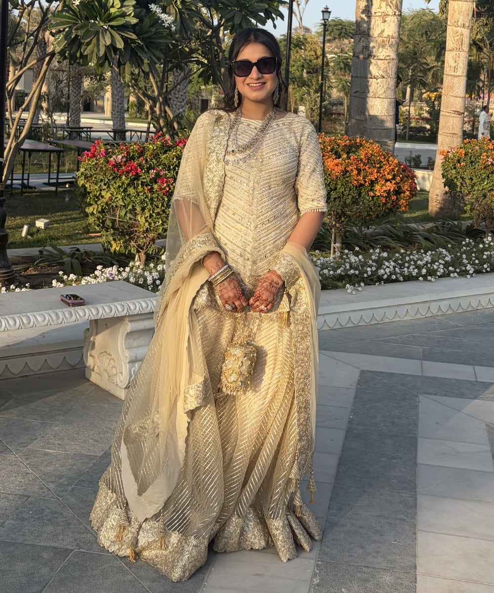 Rania Gold & Silver Georgette Embellished Cylinder Mini Bag