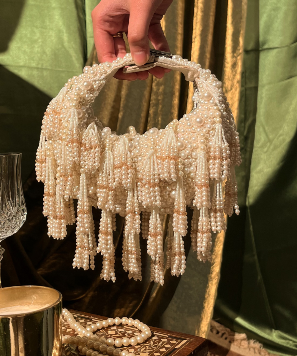 Emma Ivory Suede Pearl Embellished Hobo Bag