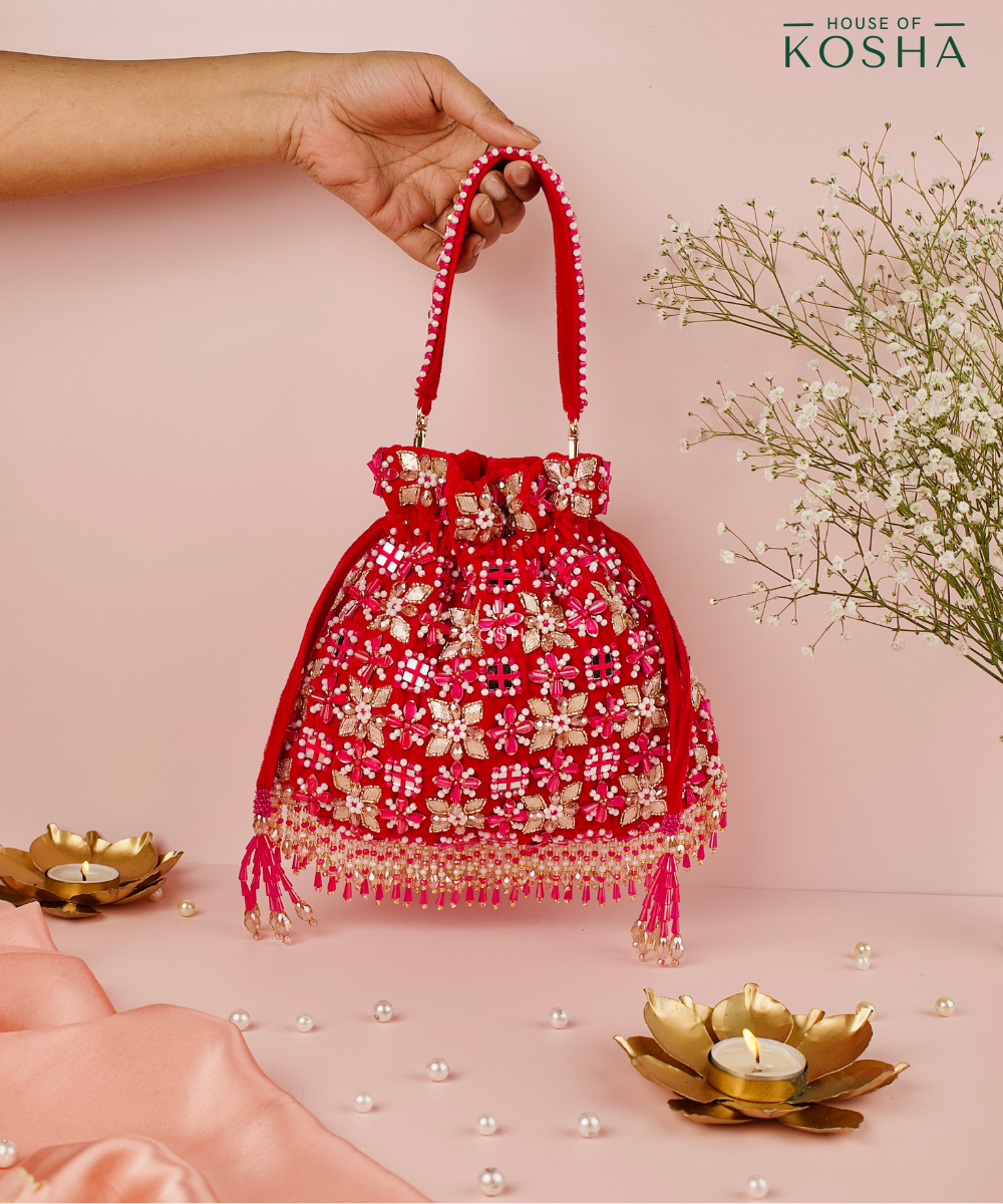 Rida Magenta Suede Gota Mirror Embellished Potli