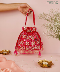 Rida Magenta Suede Gota Mirror Embellished Potli