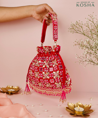 Rida Magenta Suede Gota Mirror Embellished Potli