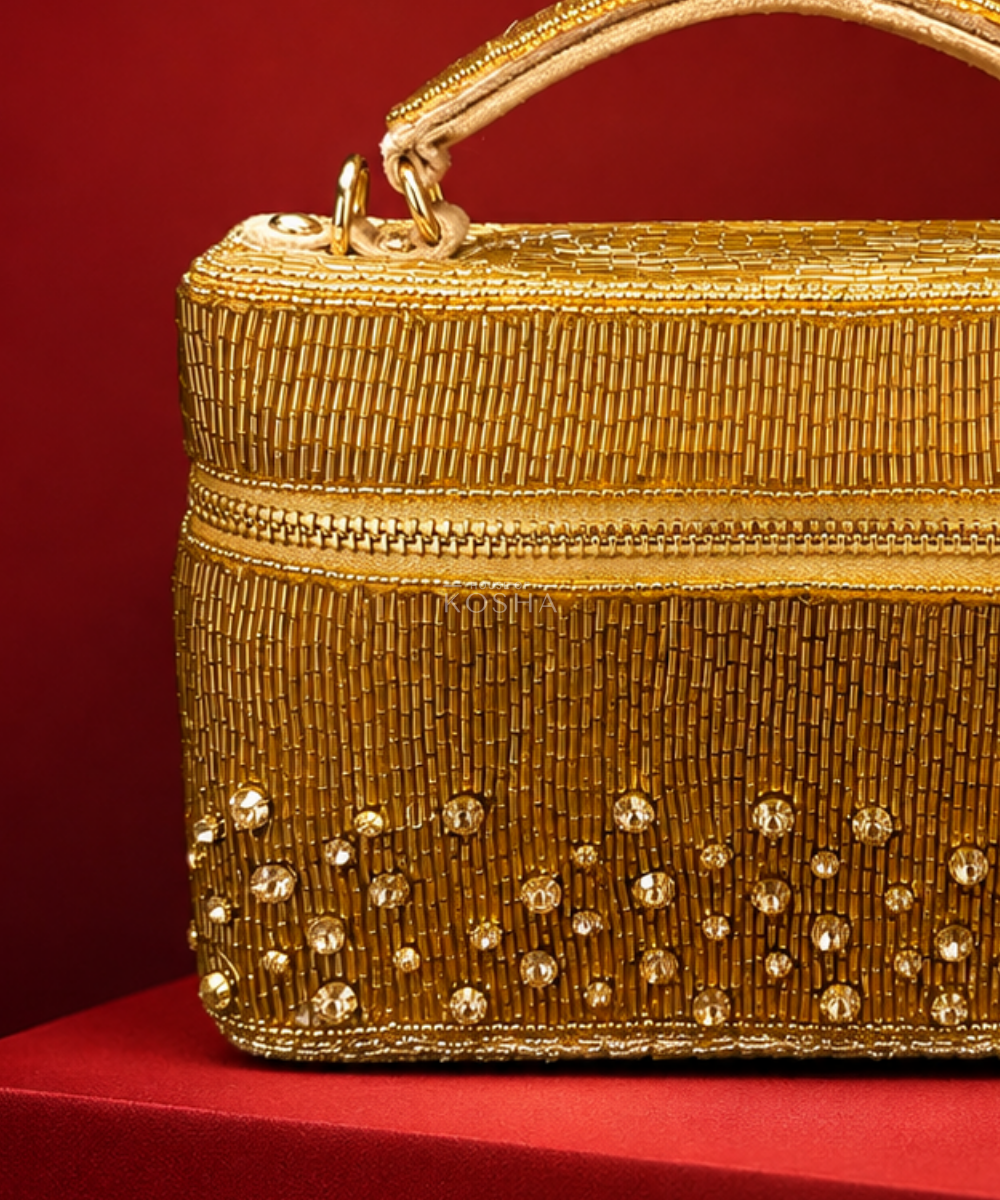 Cally Gold Suede Embroidered Vanity Bag