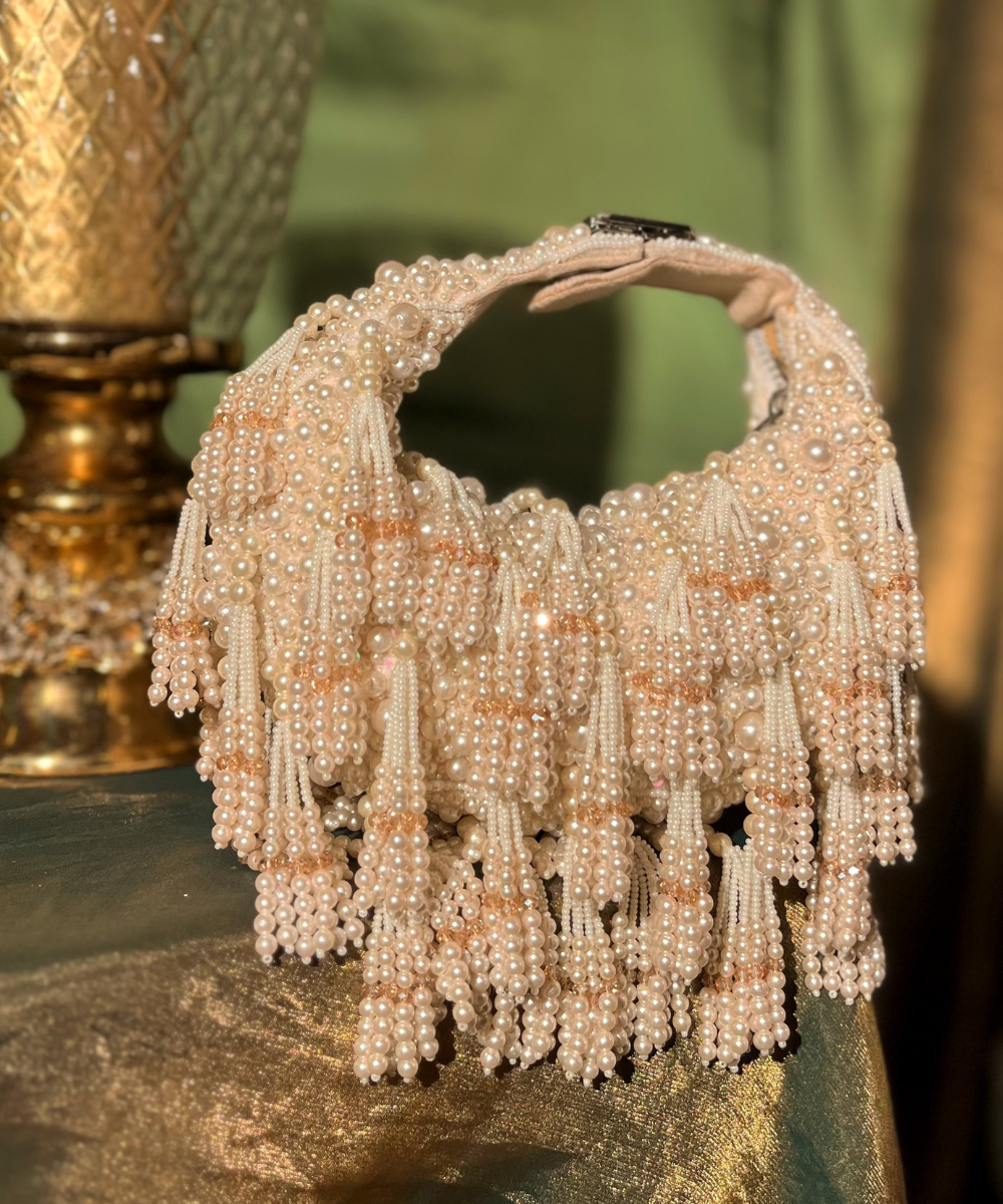 Emma Ivory Suede Pearl Embellished Hobo Bag