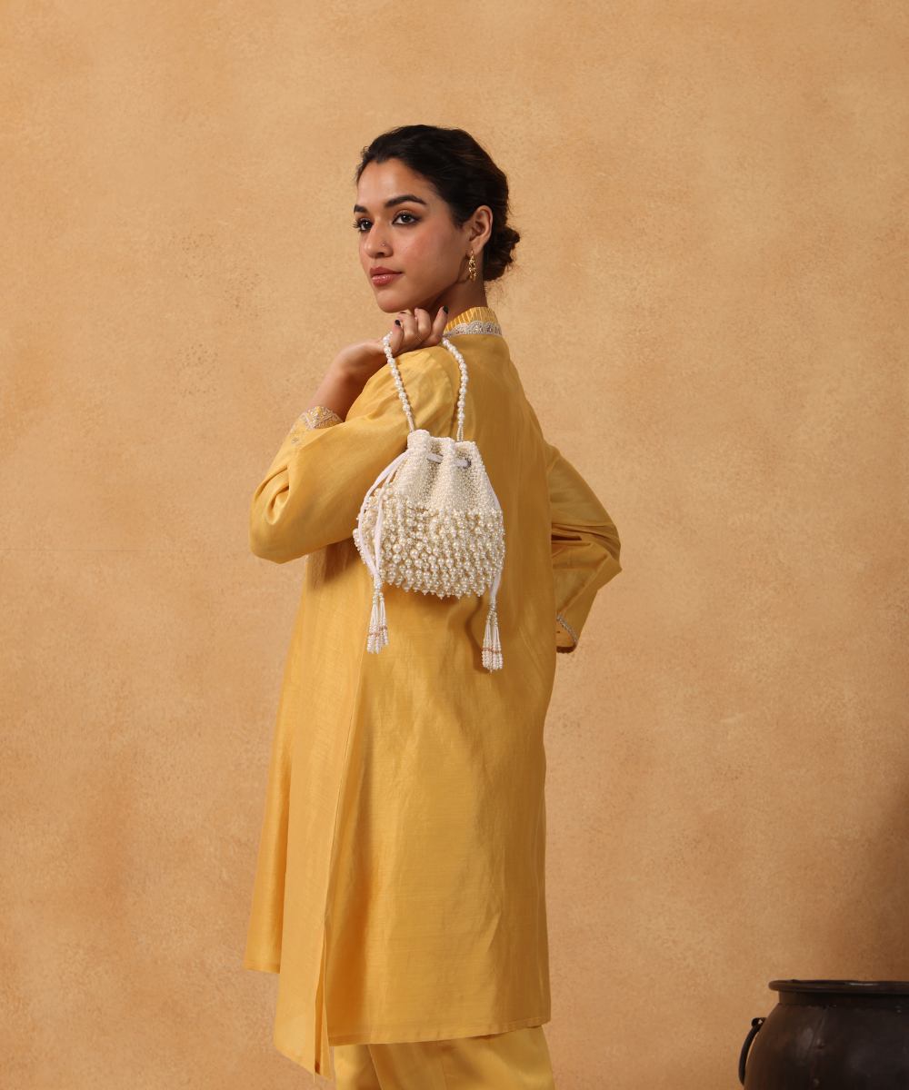 Zeba Ivory Suede Pearl Embellished Potli