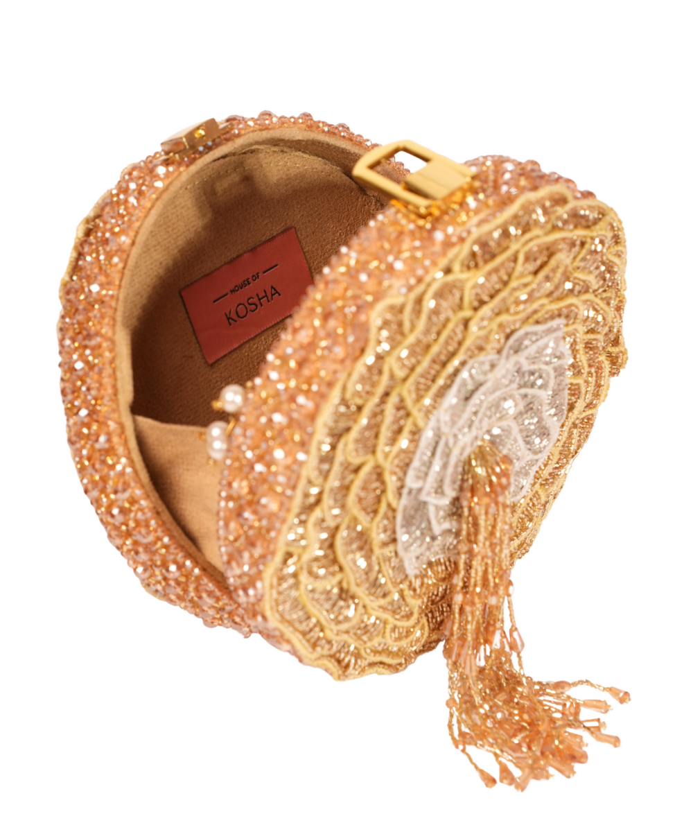 Ella Gold Suede Embellished Clutch