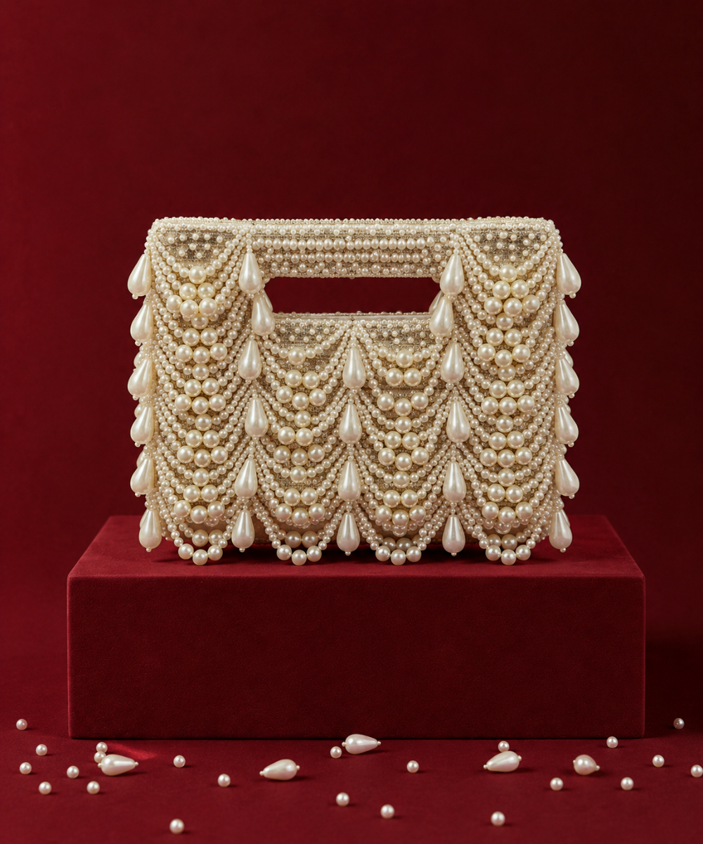 Farah Gold Georgette Pearl Embellished Clutch