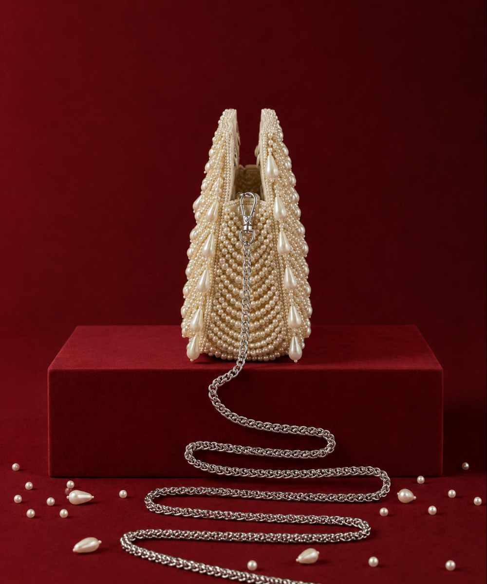 Farah Gold Georgette Pearl Embellished Clutch