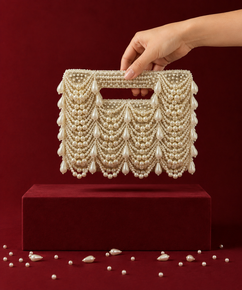 Farah Gold Georgette Pearl Embellished Clutch