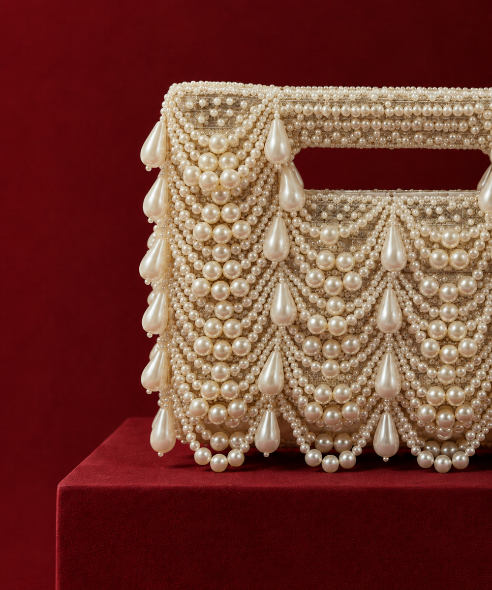 Farah Gold Georgette Pearl Embellished Clutch