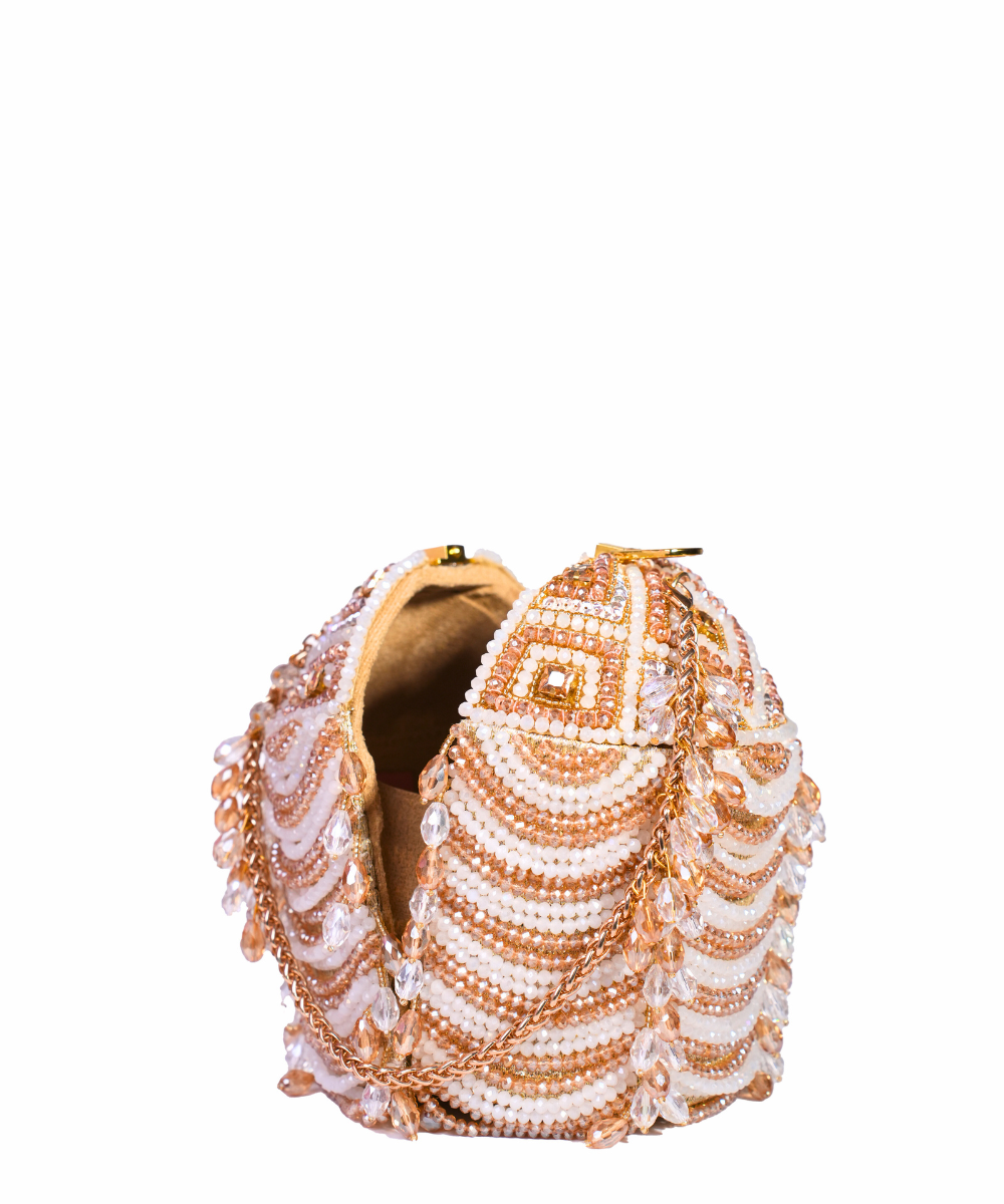 Evara Gold Georgette Embellished Bucket Bag