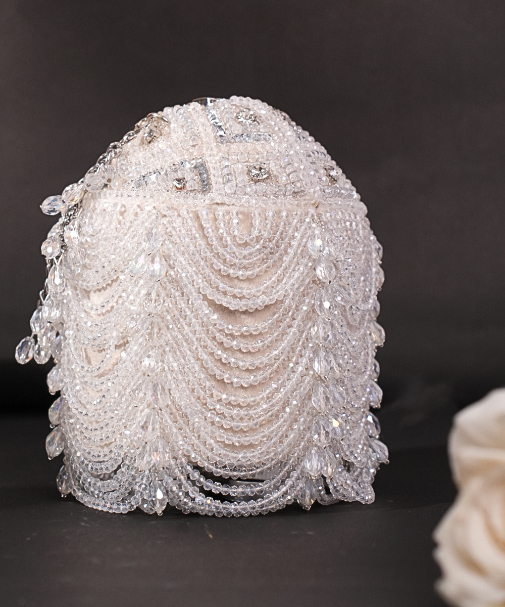 Evara Silver Georgette Embellished Bucket Bag